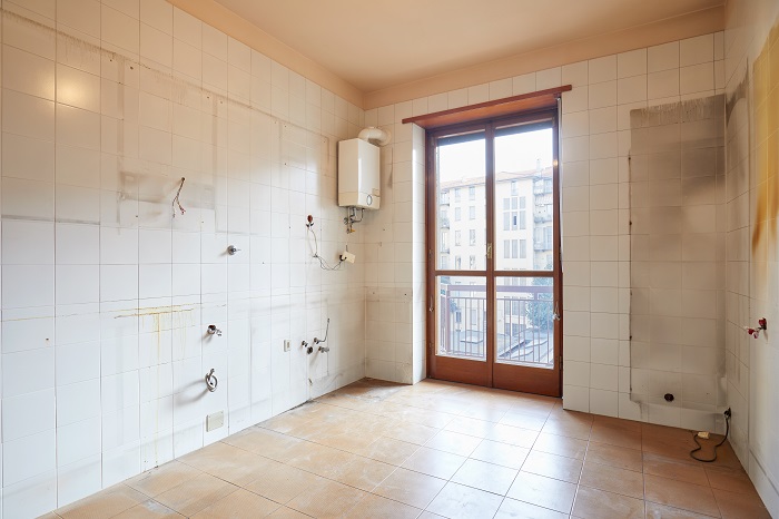 empty kitchen with boiler hot water system